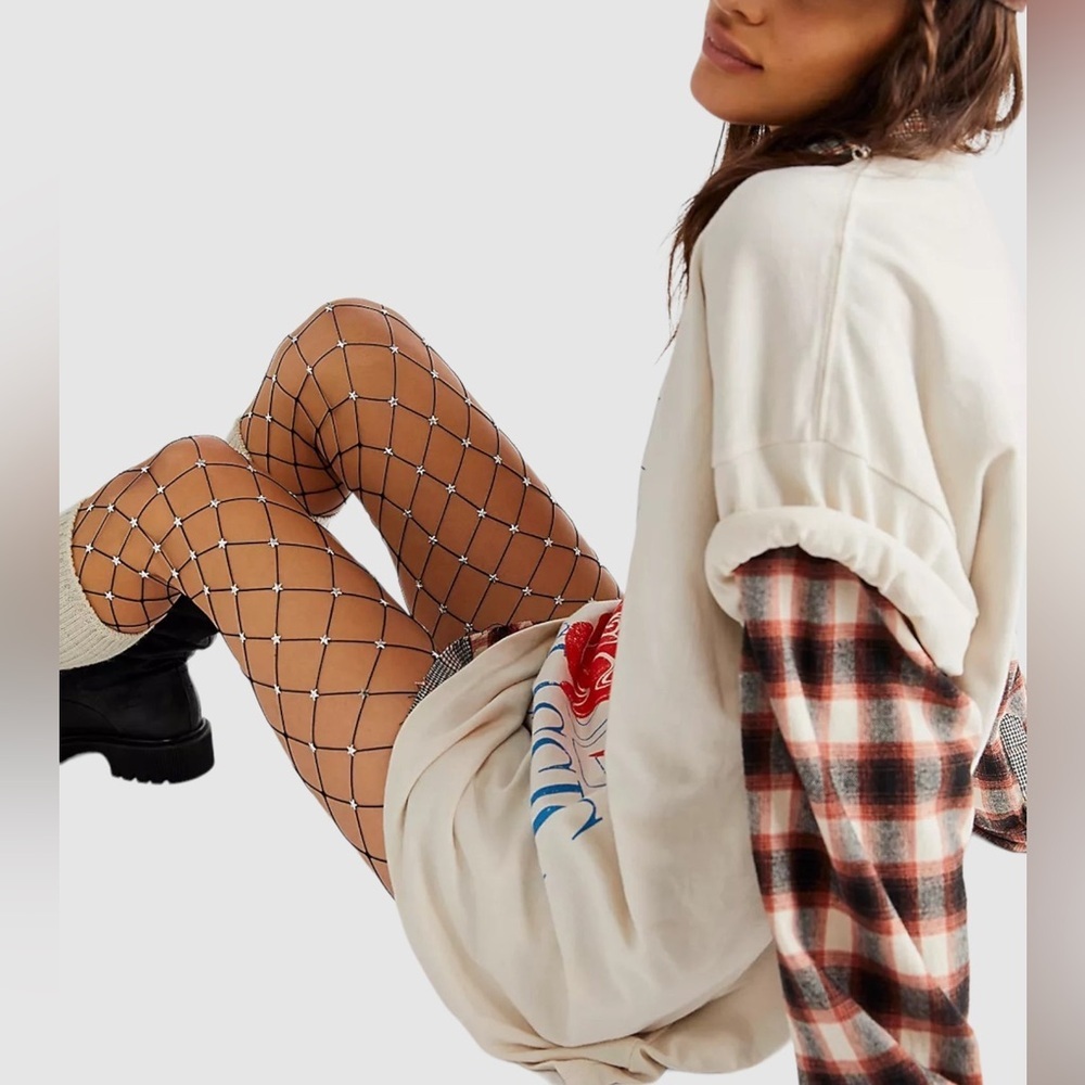 High Heel Jungle Star Struck Fishnet Tights OS Black with Silver stars